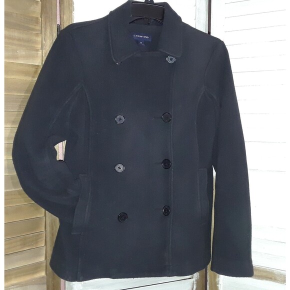 Lands End Women's XS Double Breasted Thermacheck Fleece Pea Coat Black - Picture 1 of 7
